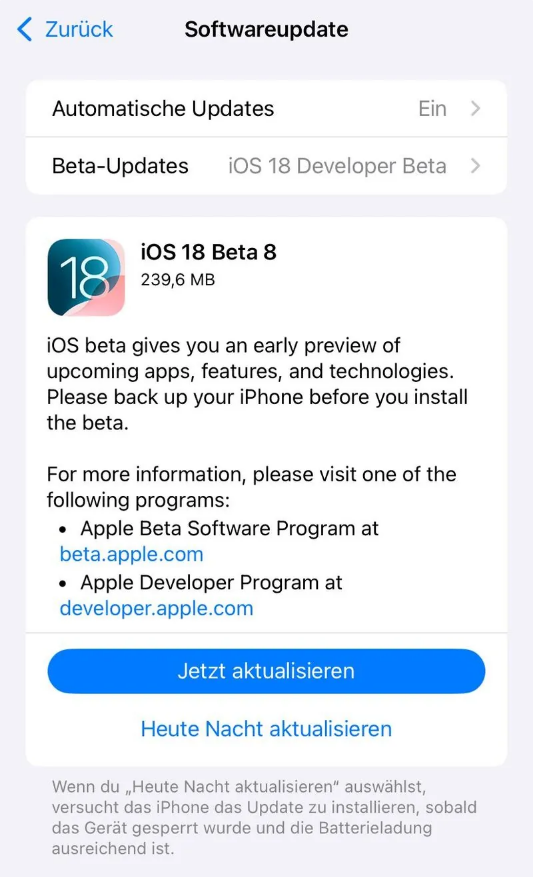 兴庆苹果手机维修分享苹果 iOS / iPadOS 18 开发者预览版 Beta 8 发布 